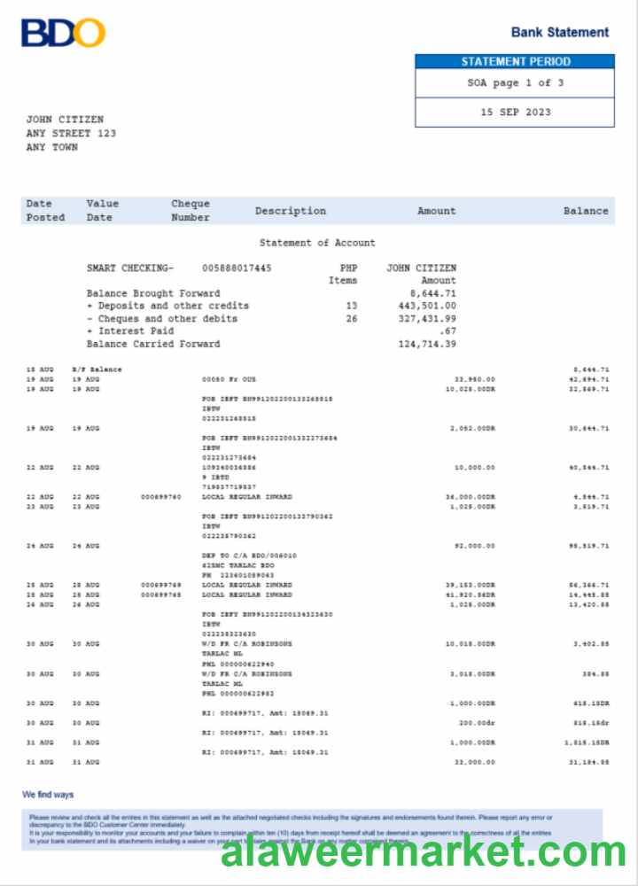 Philippines BDO bank statement Word and PDF, version 2